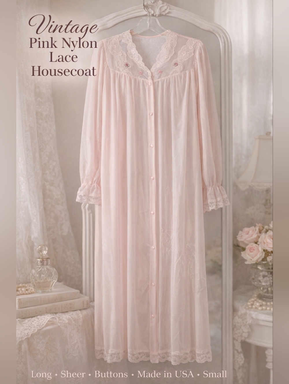 Vintage Sears Pink Lace Lingerie Housecoat Robe Small Cottagcore Grannycore